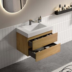 30 inch oak floating bathroom vanity with black sink, wall mounted modern vanity unit with soft close drawers