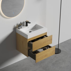 24 inch oak floating bathroom vanity with black sink, wall mounted modern cabinet with soft closing drawers