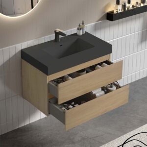 36 inch natural oak floating bathroom vanity with black sink, large wall mounted cabinet with soft closing drawers for modern bathroom