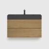 36 inch natural oak floating bathroom vanity with black sink, large wall mounted cabinet with soft closing drawers for modern bathroom