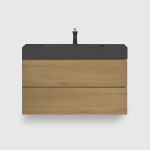 36 inch natural oak floating bathroom vanity with black sink, large wall mounted cabinet with soft closing drawers for modern bathroom