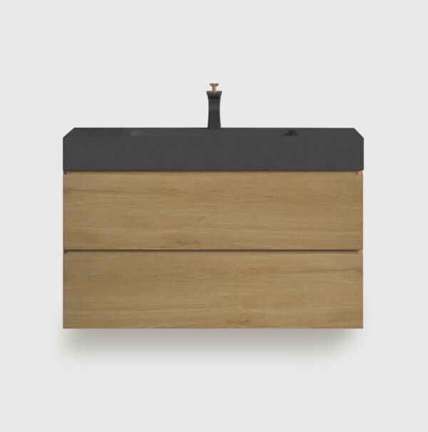 36 inch natural oak floating bathroom vanity with black sink, large wall mounted cabinet with soft closing drawers for modern bathroom