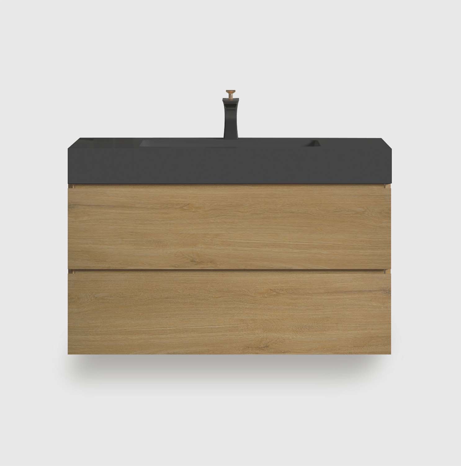 36 inch natural oak floating bathroom vanity with black sink, large wall mounted cabinet with soft closing drawers for modern bathroom