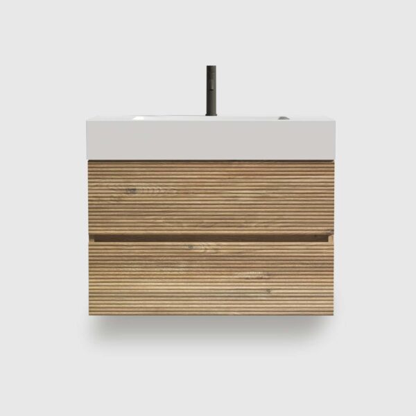 Oak-Bathroom Vanity -White -Engineered Quartz Sink-Soft Drawers (2) 24 inch floating bathroom vanity, double drawers + Rough Oak grille panel + white engineered quartz sink