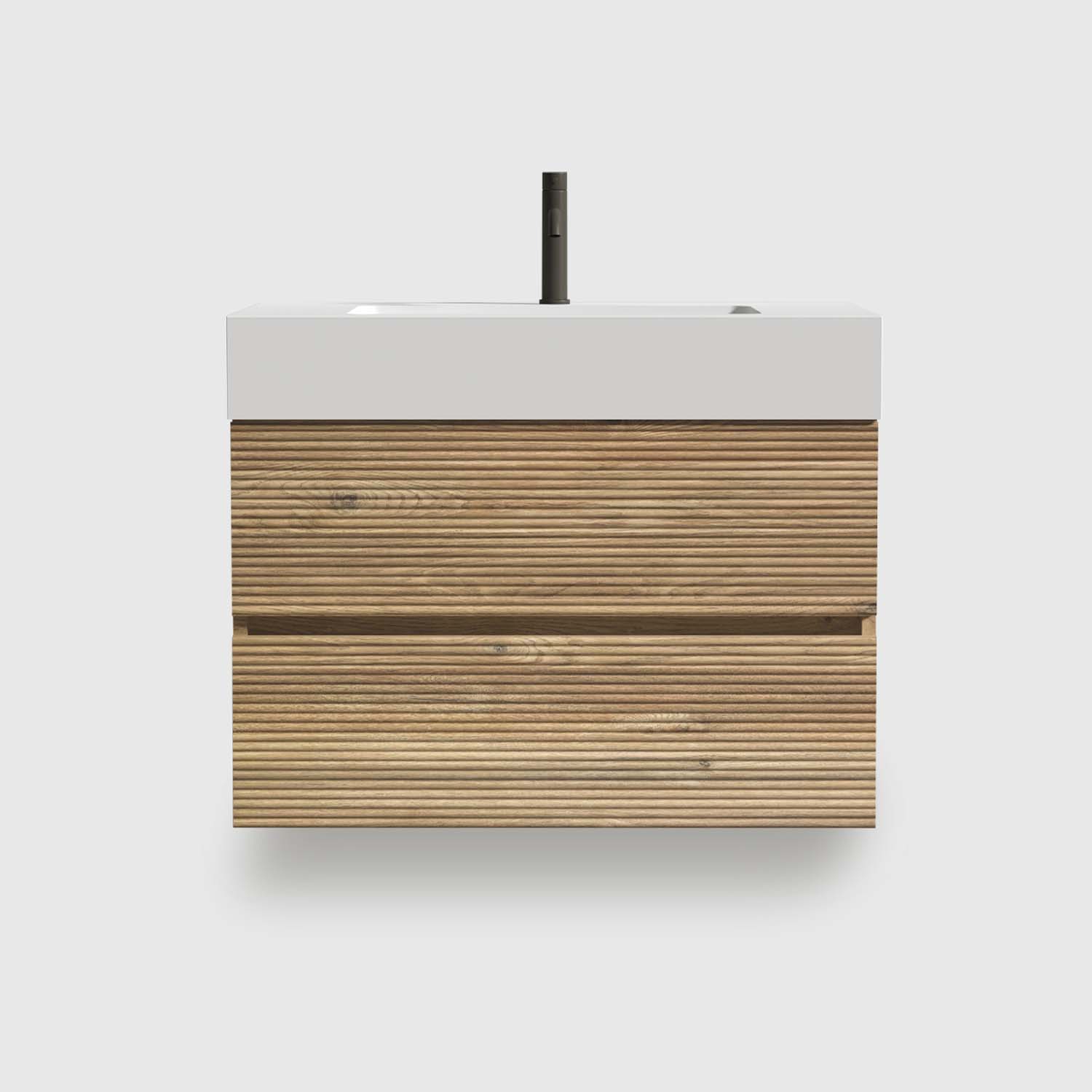 Oak-Bathroom Vanity -White -Engineered Quartz Sink-Soft Drawers (2) 24 inch floating bathroom vanity, double drawers + Rough Oak grille panel + white engineered quartz sink