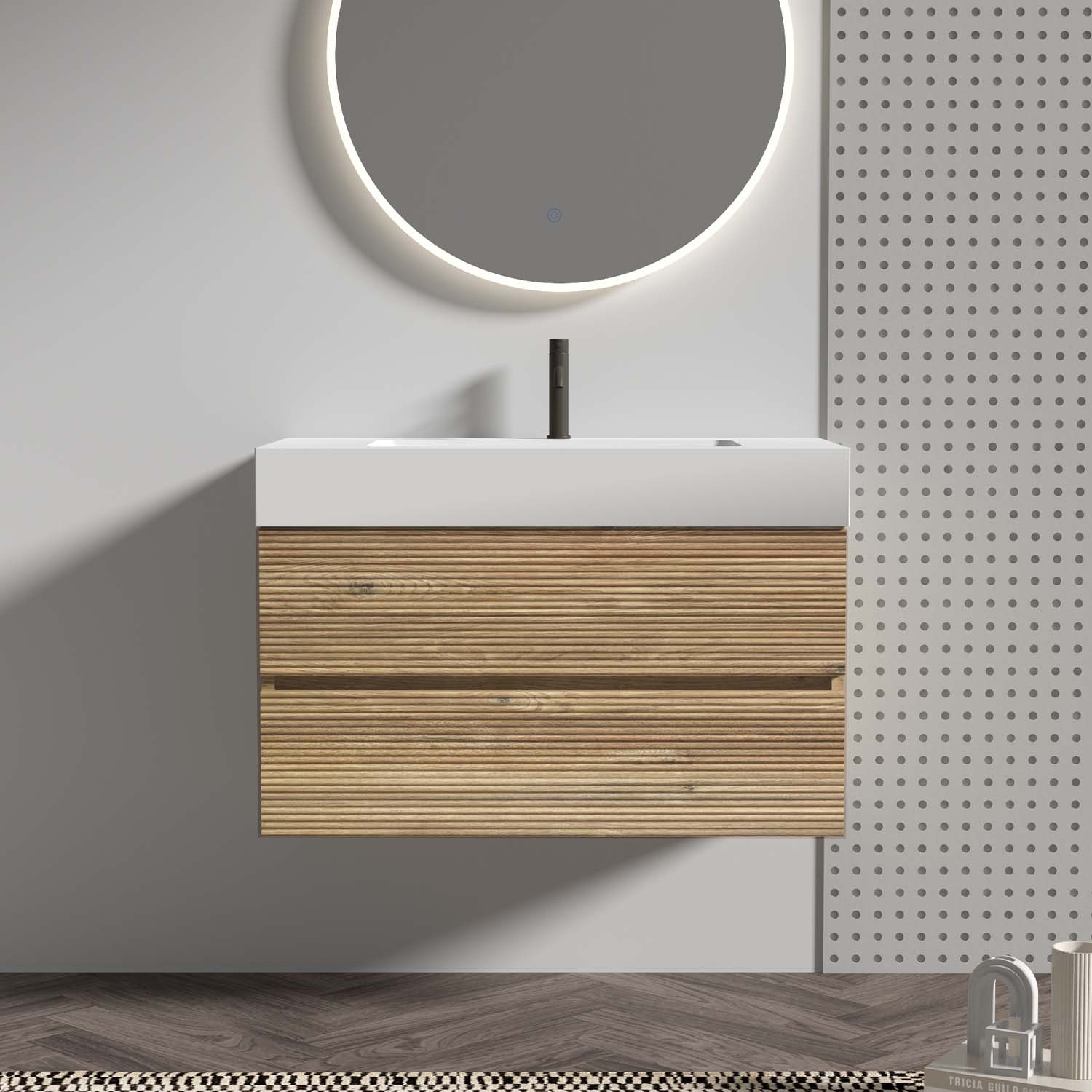 Oak-Bathroom Vanity -White -Engineered Quartz Sink-Soft Drawers (3)