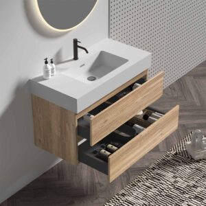 24 inch floating bathroom vanity, double drawers + Rough Oak grille panel + white engineered quartz sink