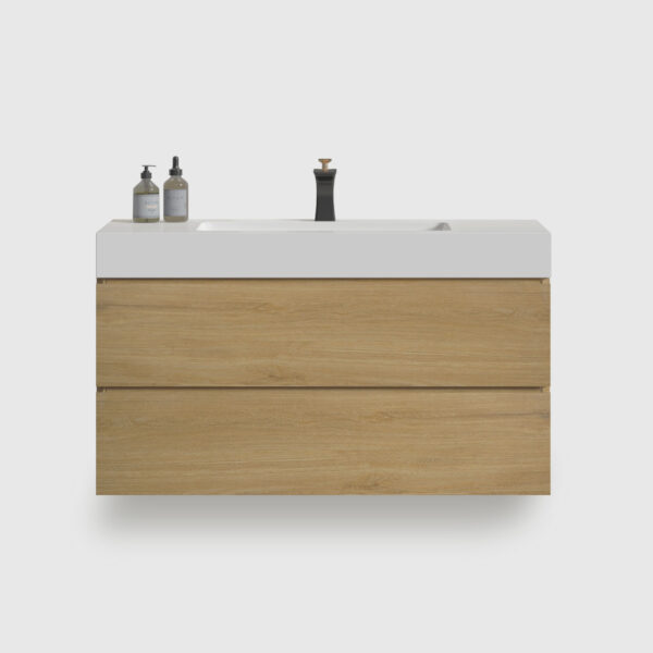 36 inch oak floating bathroom vanity with black sink, large wall mounted cabinet with soft close drawers for modern bathroom