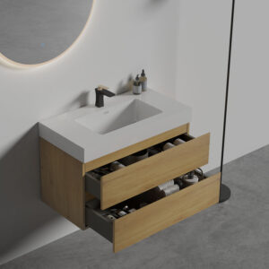 36 inch oak floating bathroom vanity with black sink, large wall mounted cabinet with soft close drawers for modern bathroom