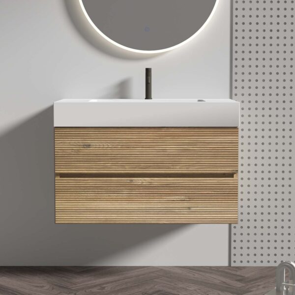 Oak Rough Oak- Bathroom Vanity - White Engineered Quartz Sink-Soft Drawers (2)