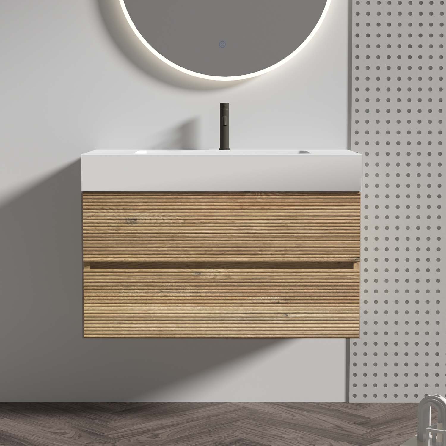 Oak Rough Oak- Bathroom Vanity - White Engineered Quartz Sink-Soft Drawers (2)