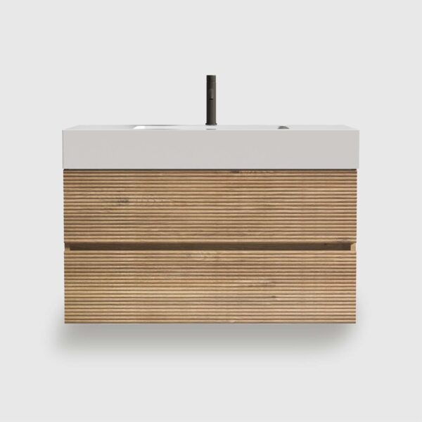 Oak Rough Oak- Bathroom Vanity - White Engineered Quartz Sink-Soft Drawers (5) 36 inch bathroom vanity with sink, wall mounted Rough Oak cabinet + DTC silent soft-closing hardware