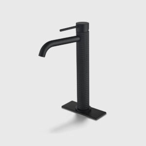 Matte black tall single handle bathroom sink faucet with textured knurled body, modern vessel sink faucet with deck plate for contemporary bathrooms