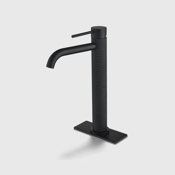 Simple-and-Durable-Faucet-for-Bathroom (15) Matte black tall single handle bathroom sink faucet with textured knurled body, modern vessel sink faucet with deck plate for contemporary bathrooms