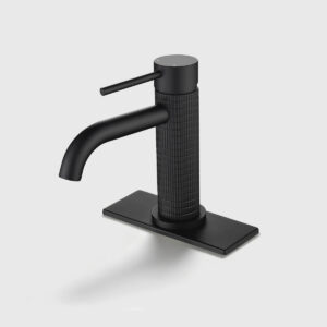 Matte black single handle bathroom sink faucet with textured knurled body, modern single-hole vanity faucet with deck plate for contemporary bathrooms