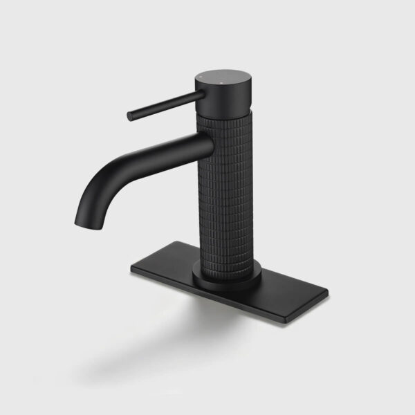 Matte black single handle bathroom sink faucet with textured knurled body, modern single-hole vanity faucet with deck plate for contemporary bathrooms