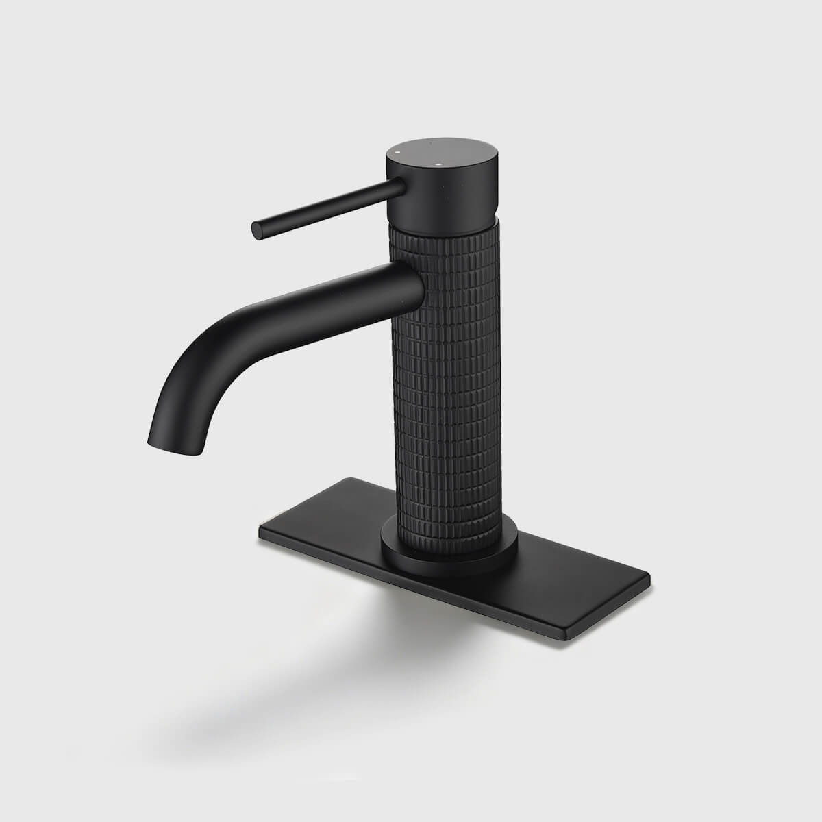Matte black single handle bathroom sink faucet with textured knurled body, modern single-hole vanity faucet with deck plate for contemporary bathrooms