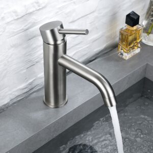 Brushed nickel single handle bathroom sink faucet with curved spout, modern single-hole vanity faucet for contemporary bathrooms