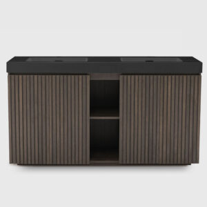 60 inch Smoked Oak double sink bathroom vanity with sink freestanding modern bathroom vanity, large storage four-tier shelving water-resistant bathroom vanity cabinet, one-piece black sink basin without drain and faucet