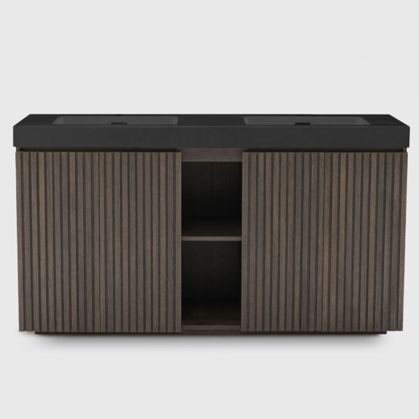 60 inch Smoked Oak double sink bathroom vanity with sink freestanding modern bathroom vanity, large storage four-tier shelving water-resistant bathroom vanity cabinet, one-piece black sink basin without drain and faucet