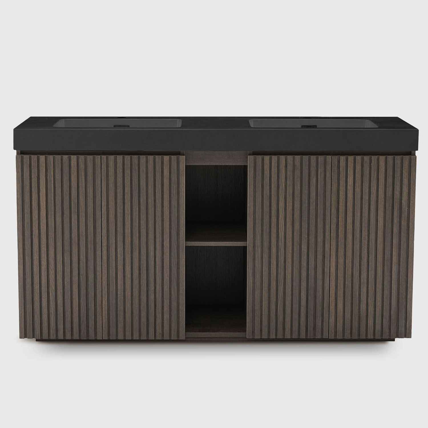 60 inch Smoked Oak double sink bathroom vanity with sink freestanding modern bathroom vanity, large storage four-tier shelving water-resistant bathroom vanity cabinet, one-piece black sink basin without drain and faucet