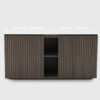60 inch Smoked Oak double sink bathroom vanity with sink freestanding modern bathroom vanity, large storage four-tier shelving water-resistant bathroom vanity cabinet for modern bathroom, one-piece white sink basin without drain and faucet