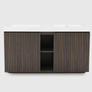 60 inch Smoked Oak double sink bathroom vanity with sink freestanding modern bathroom vanity, large storage four-tier shelving water-resistant bathroom vanity cabinet for modern bathroom, one-piece white sink basin without drain and faucet