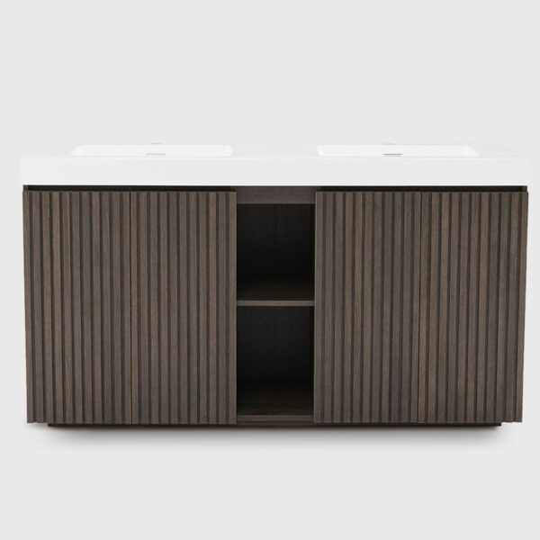 Smoked Oak Bathroom Vanity with Sink-Large Storage Freestanding Bathroom Vanity for Modern Bathroom (1) 60 inch Smoked Oak double sink bathroom vanity with sink freestanding modern bathroom vanity, large storage four-tier shelving water-resistant bathroom vanity cabinet for modern bathroom, one-piece white sink basin without drain and faucet