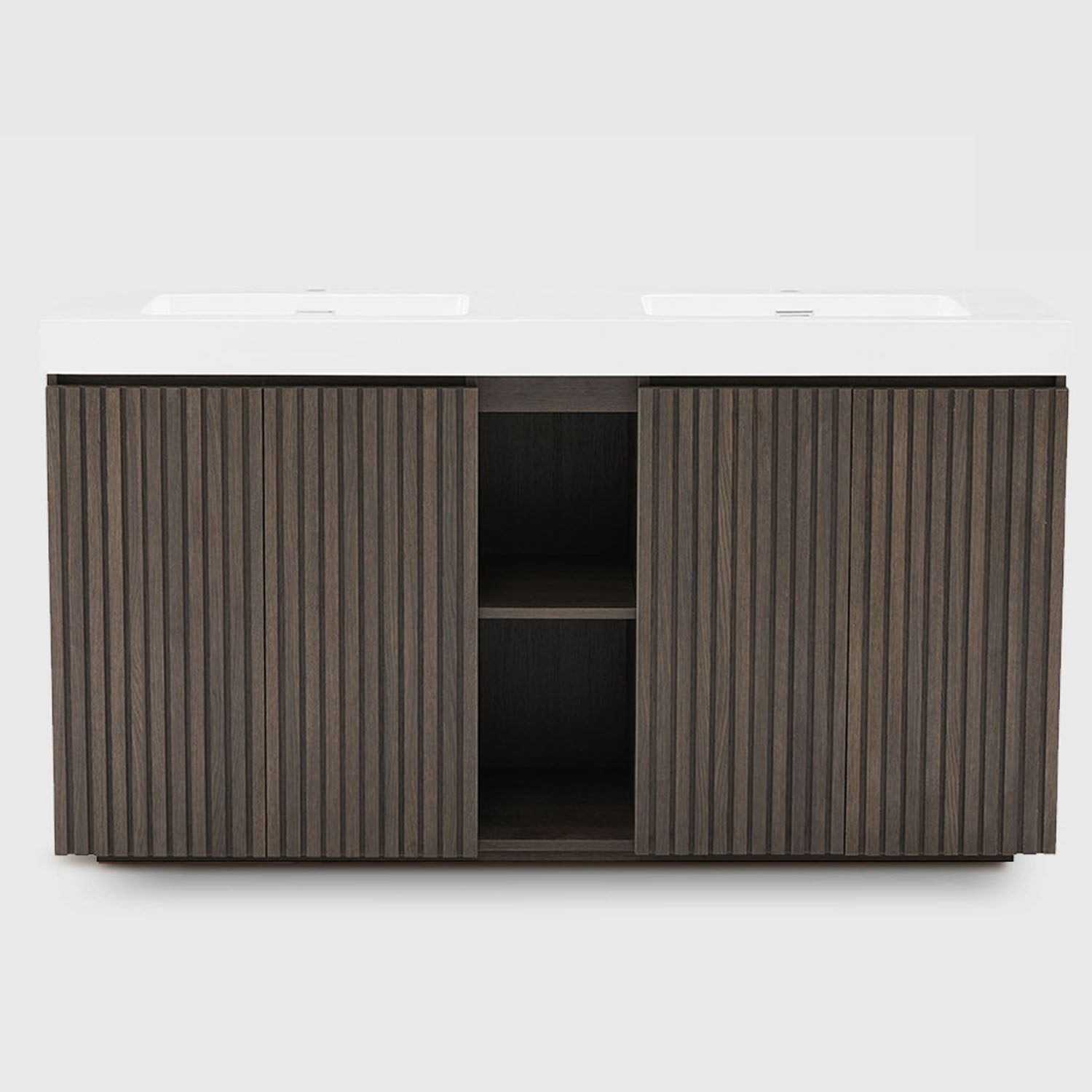 Smoked Oak Bathroom Vanity with Sink-Large Storage Freestanding Bathroom Vanity for Modern Bathroom (1) 60 inch Smoked Oak double sink bathroom vanity with sink freestanding modern bathroom vanity, large storage four-tier shelving water-resistant bathroom vanity cabinet for modern bathroom, one-piece white sink basin without drain and faucet