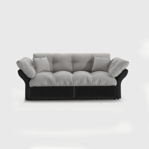Convertible pull-out sofa bed with light gray tufted cushions, shown in both sofa and bed positions for small space living