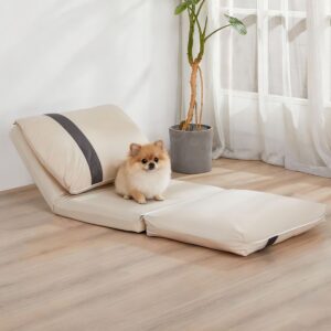 Adjustable beige floor sofa chair with foldable design, positioned as a chaise lounge in a modern minimalist living room