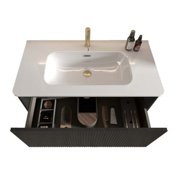 Striped Brushed -Black Oak -Floating Bathroom Vanity - White Ceramic Sink (1)