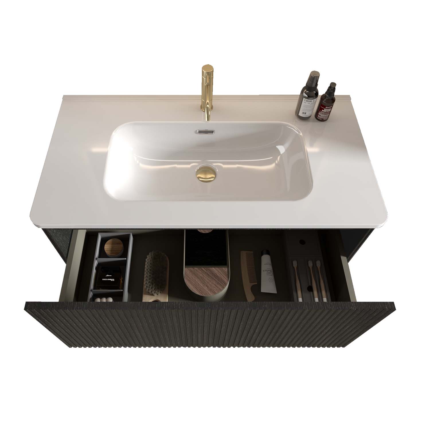 Striped Brushed -Black Oak -Floating Bathroom Vanity - White Ceramic Sink (1)