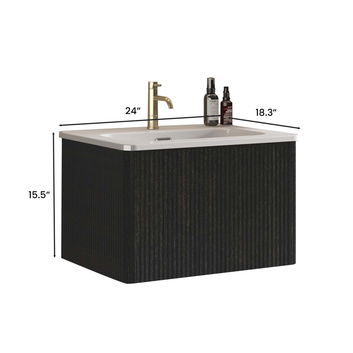 Striped-Brushed -Black Oak -Floating Bathroom Vanity - White Ceramic Sink (1)