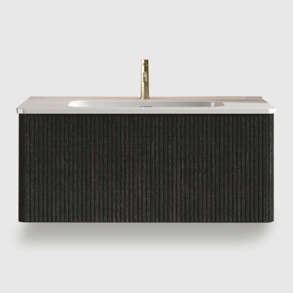 Striped Brushed -Black Oak -Floating Bathroom Vanity - White Ceramic Sink (2) 36 inch floating bathroom vanity with white ceramic sink – striped brushed black oak for large modern bathrooms.Pre-assembled design saves installation time and effort • One-piece ceramic sink basin (without drain) for easy cleaning .Curved safety edges for family-friendly use.Striped texture elevates bathroom decor with rich wood grain