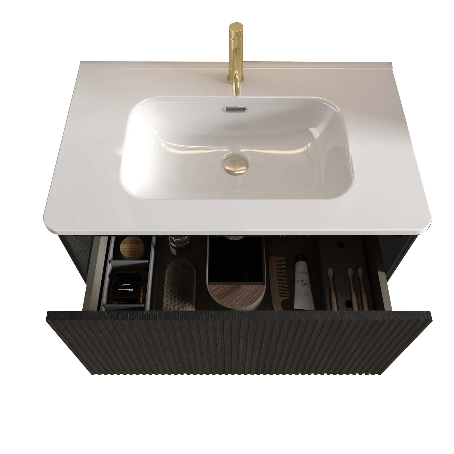 Striped Brushed -Black Oak -Floating -Bathroom Vanity - White Ceramic Sink (3)