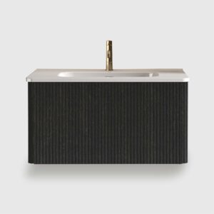 This 30 inch floating bathroom vanity with white ceramic sink is ideal. The striped brushed black oak finish complements modern decor, and the pre-assembled structure saves time. Its one-piece sink is easy to clean, the perfect modern bathroom vanity.