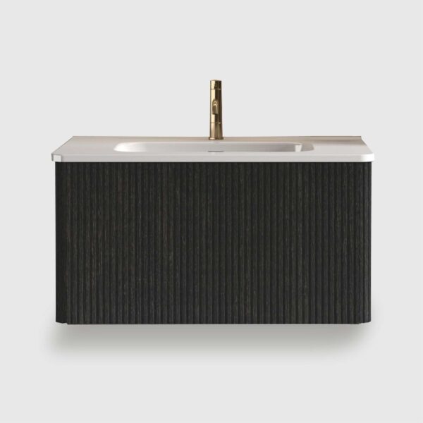 Striped Brushed -Black Oak -Floating -Bathroom Vanity - White Ceramic Sink (4) This 30 inch floating bathroom vanity with white ceramic sink is ideal. The striped brushed black oak finish complements modern decor, and the pre-assembled structure saves time. Its one-piece sink is easy to clean, the perfect modern bathroom vanity.