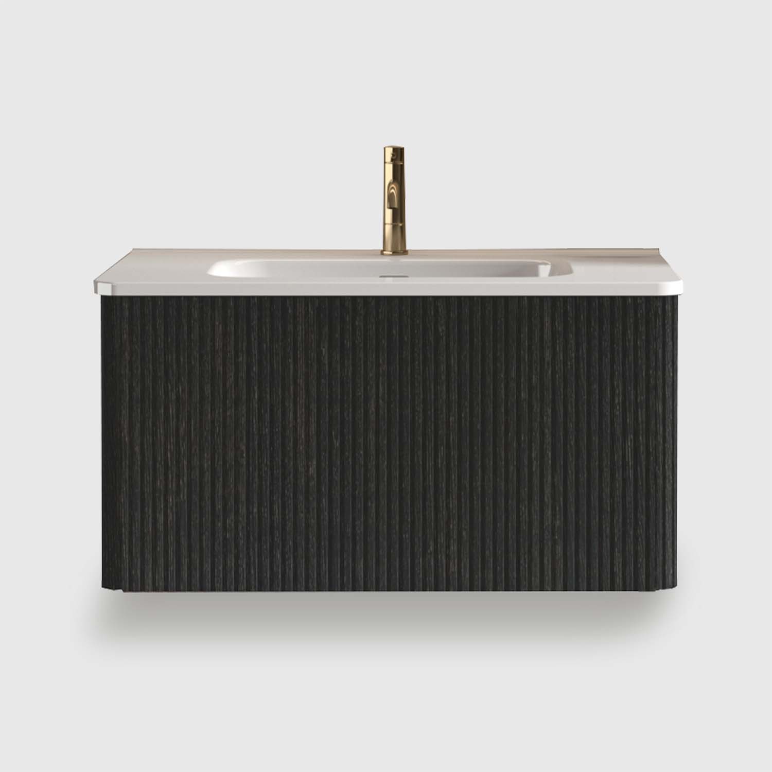 Striped Brushed -Black Oak -Floating -Bathroom Vanity - White Ceramic Sink (4) This 30 inch floating bathroom vanity with white ceramic sink is ideal. The striped brushed black oak finish complements modern decor, and the pre-assembled structure saves time. Its one-piece sink is easy to clean, the perfect modern bathroom vanity.