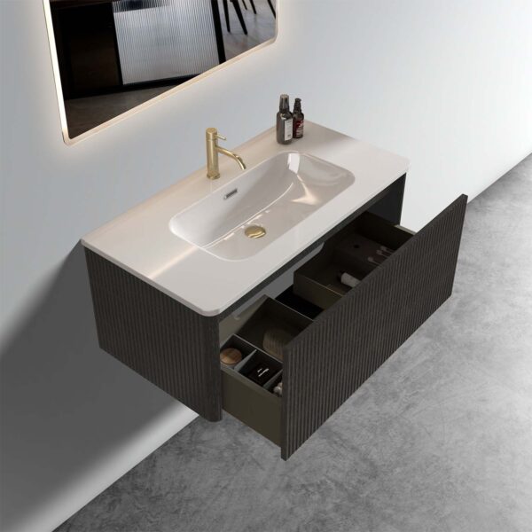 Striped Brushed -Black Oak -Floating Bathroom Vanity - White Ceramic Sink (4)