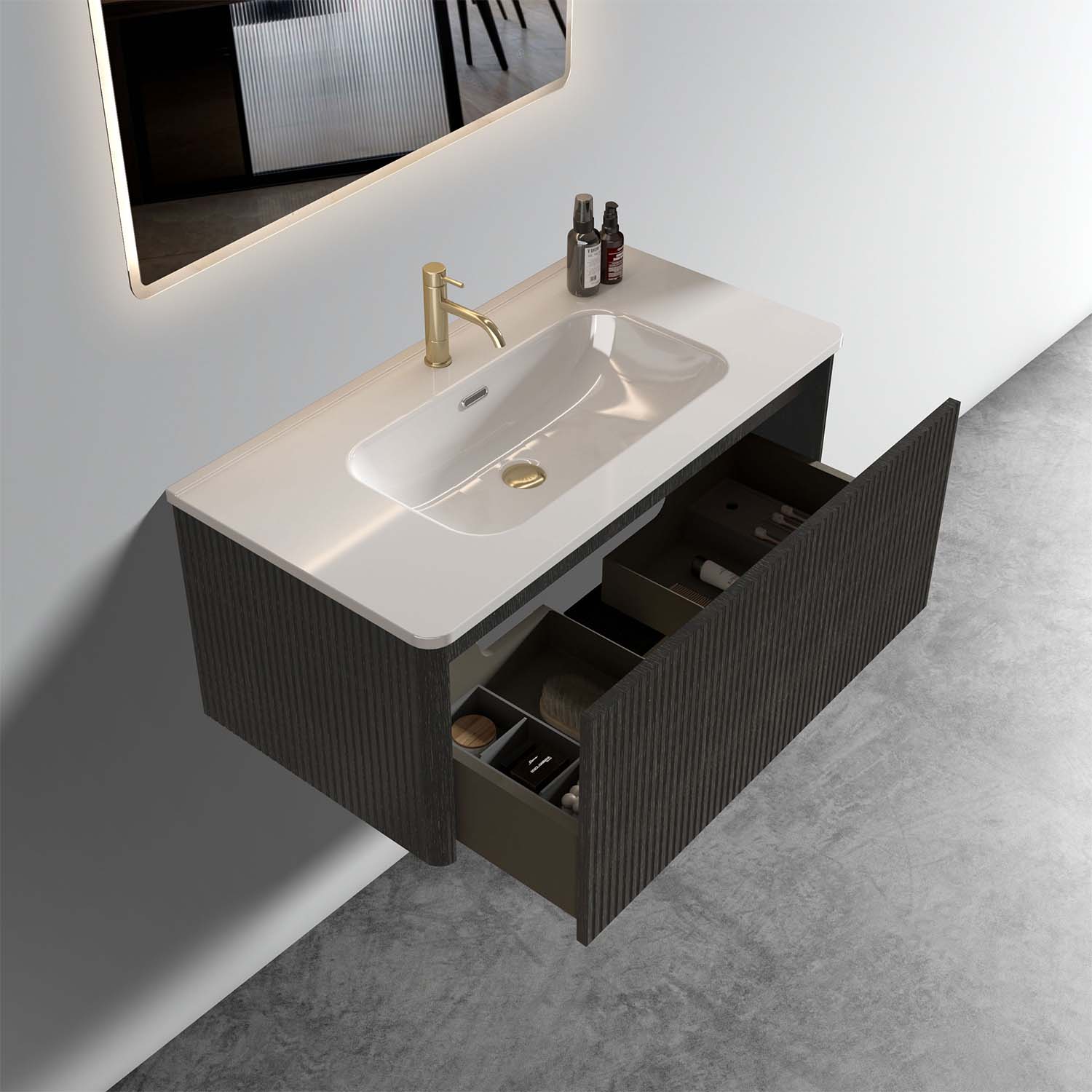 Striped Brushed -Black Oak -Floating Bathroom Vanity - White Ceramic Sink (4)