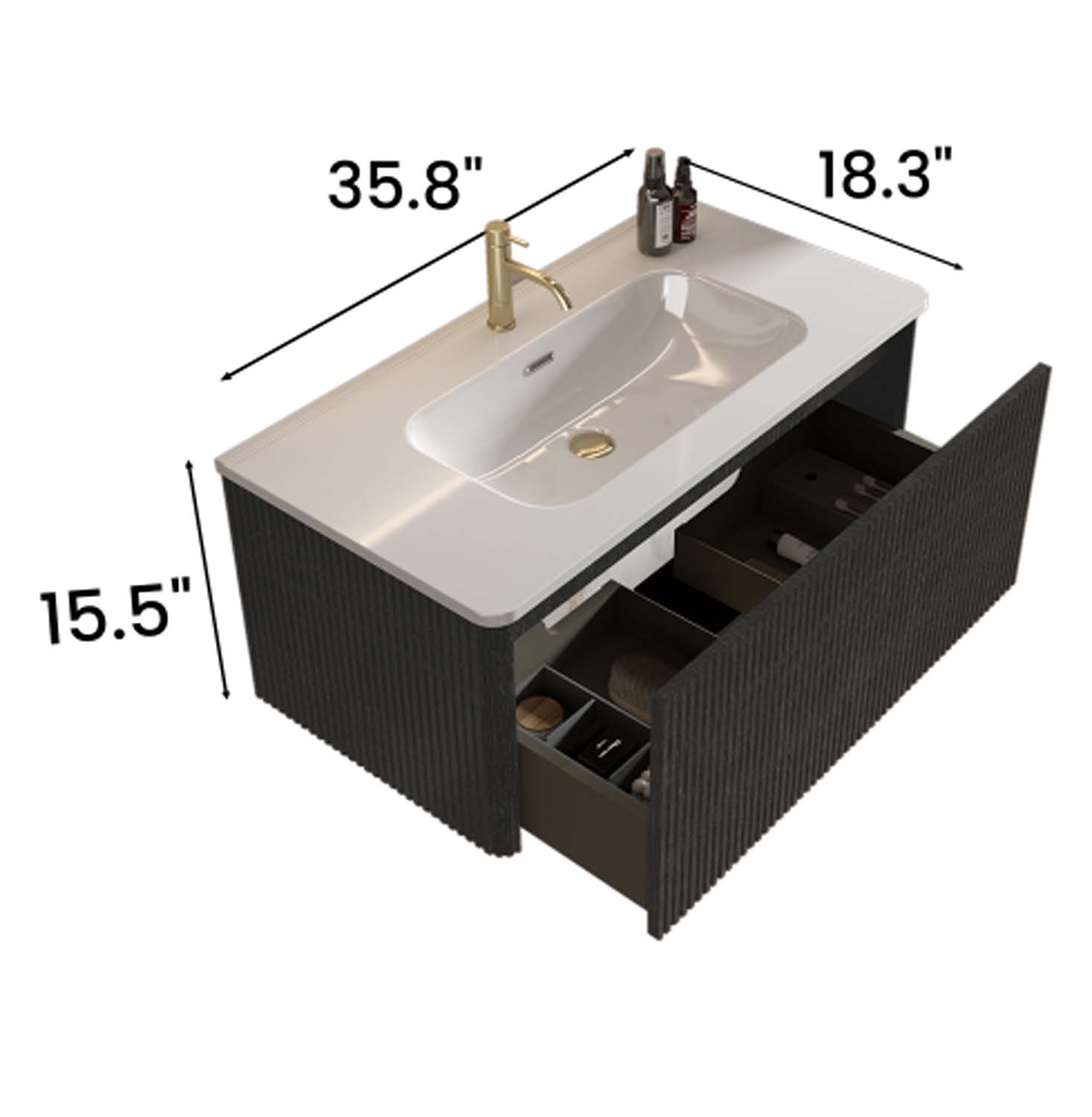Striped Brushed -Black Oak -Floating Bathroom Vanity - White Ceramic Sink (5)