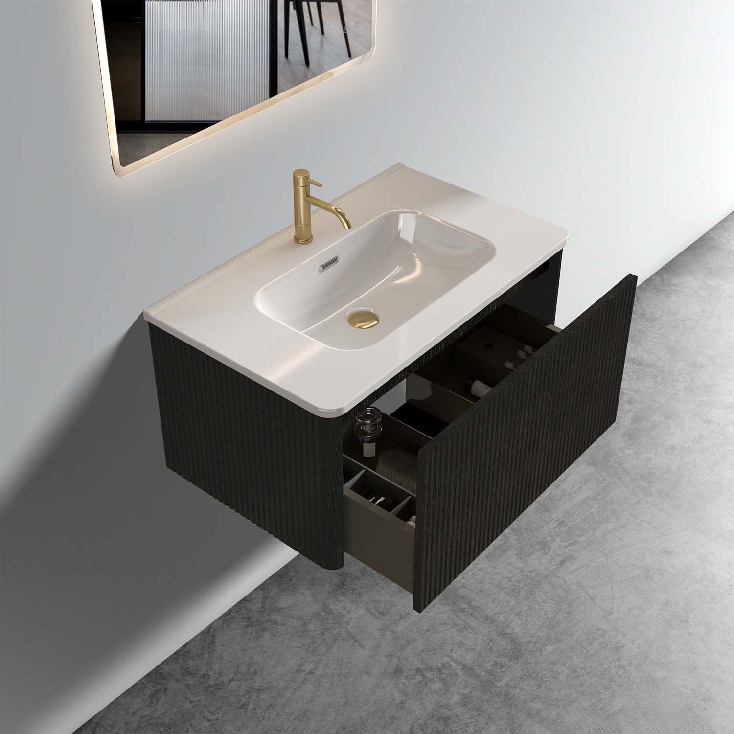Striped Brushed -Black Oak -Floating -Bathroom Vanity - White Ceramic Sink (6)