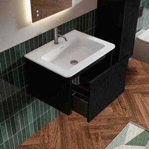 24 inch bathroom vanity with white ceramic sink – floating design in striped brushed black oak. Pre-assembled for quick setup and hassle-free use. Curved edges ensure safety for families and pets. 12+ inch drawer provides spacious storage for bathroom essentials. A sleek modern bathroom vanity that elevates any bathroom decor.