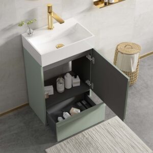 20 inch light green striped bathroom vanity with white ceramic sink freestanding modern