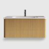 36 inch floating bathroom vanity - where modern style meets functionality. This bathroom vanity with sink features a striped oak finish that complements any modern bathroom decor. Pre-assembled for convenience, it includes a easy-to-clean ceramic sink and spacious drawer.