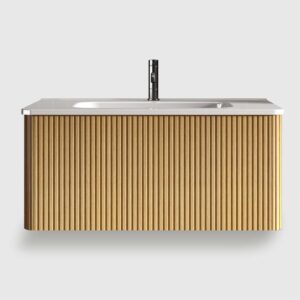 36 inch floating bathroom vanity - where modern style meets functionality. This bathroom vanity with sink features a striped oak finish that complements any modern bathroom decor. Pre-assembled for convenience, it includes a easy-to-clean ceramic sink and spacious drawer.