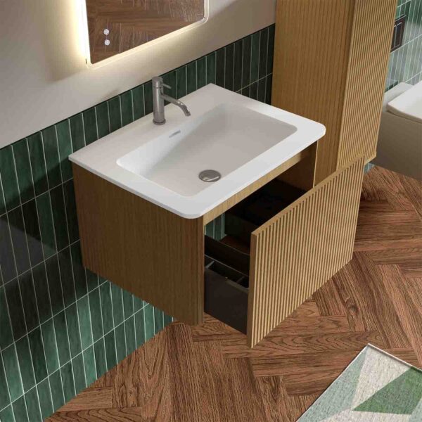 Striped Natural -Oak Bathroom -Vanity- White Ceramic Sink (13) 24 inch bathroom vanity with white ceramic sink - wall mounted floating bathroom vanity for modern bathroom. This pre-assembled bathroom vanity features striped natural oak finish, integrated sink, and push-open drawer. The 24 inch bathroom vanity with sink provides spacious storage while maintaining a sleek modern bathroom vanity design.