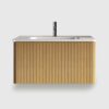 Small bathroom vanity with sink - the ideal floating bathroom vanity for modern homes. Pre-assembled for quick setup, this bathroom vanity features curved edges for safety, a sleek ceramic sink, and ample drawer storage. Its striped oak finish elevates any modern bathroom vanity decor.