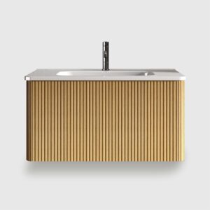 Small bathroom vanity with sink - the ideal floating bathroom vanity for modern homes. Pre-assembled for quick setup, this bathroom vanity features curved edges for safety, a sleek ceramic sink, and ample drawer storage. Its striped oak finish elevates any modern bathroom vanity decor.